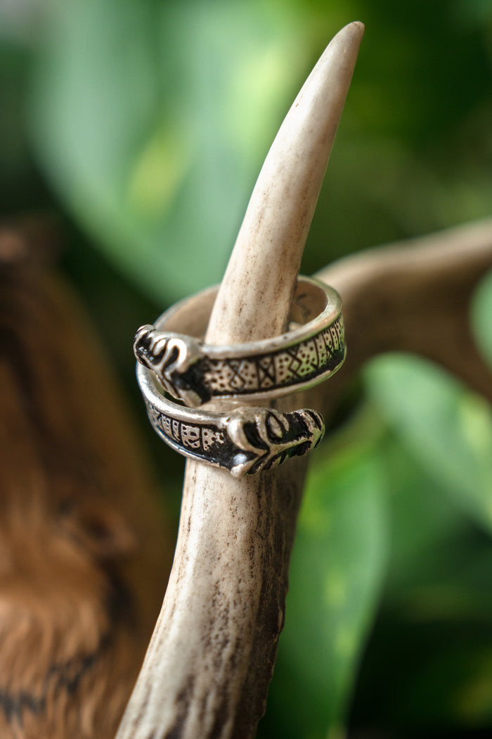 Viking rune ring with wolf heads, silvered bronze
