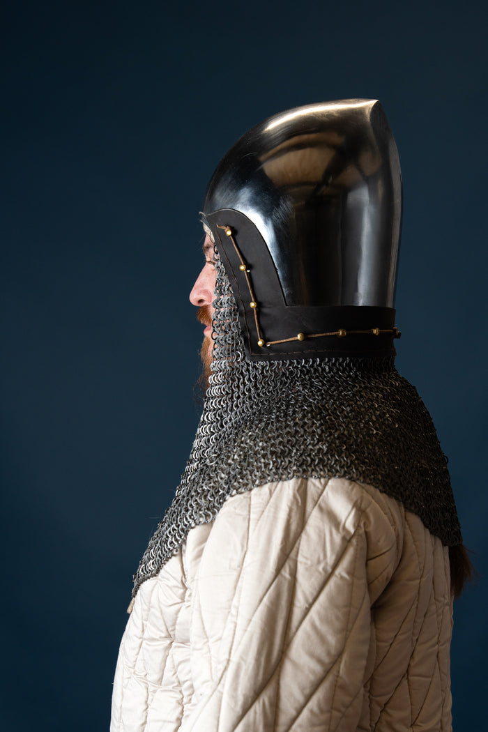 14th century bascinet with aventail flat rings round rivets, 2 mm (battle-ready)