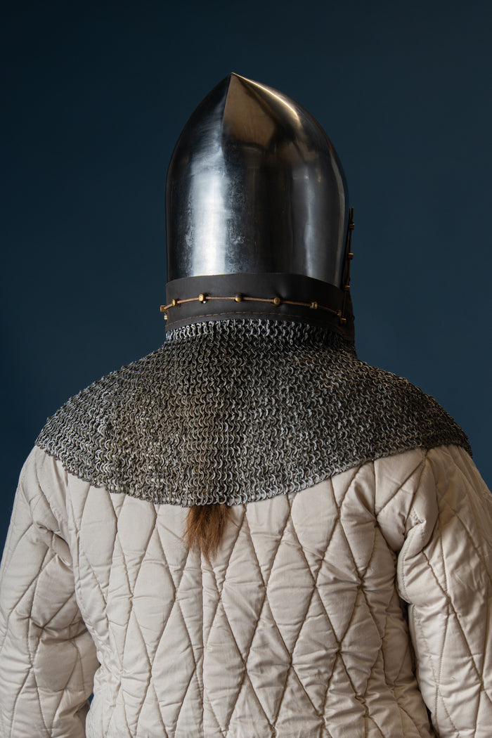 14th century bascinet with aventail flat rings round rivets, 2 mm (battle-ready)
