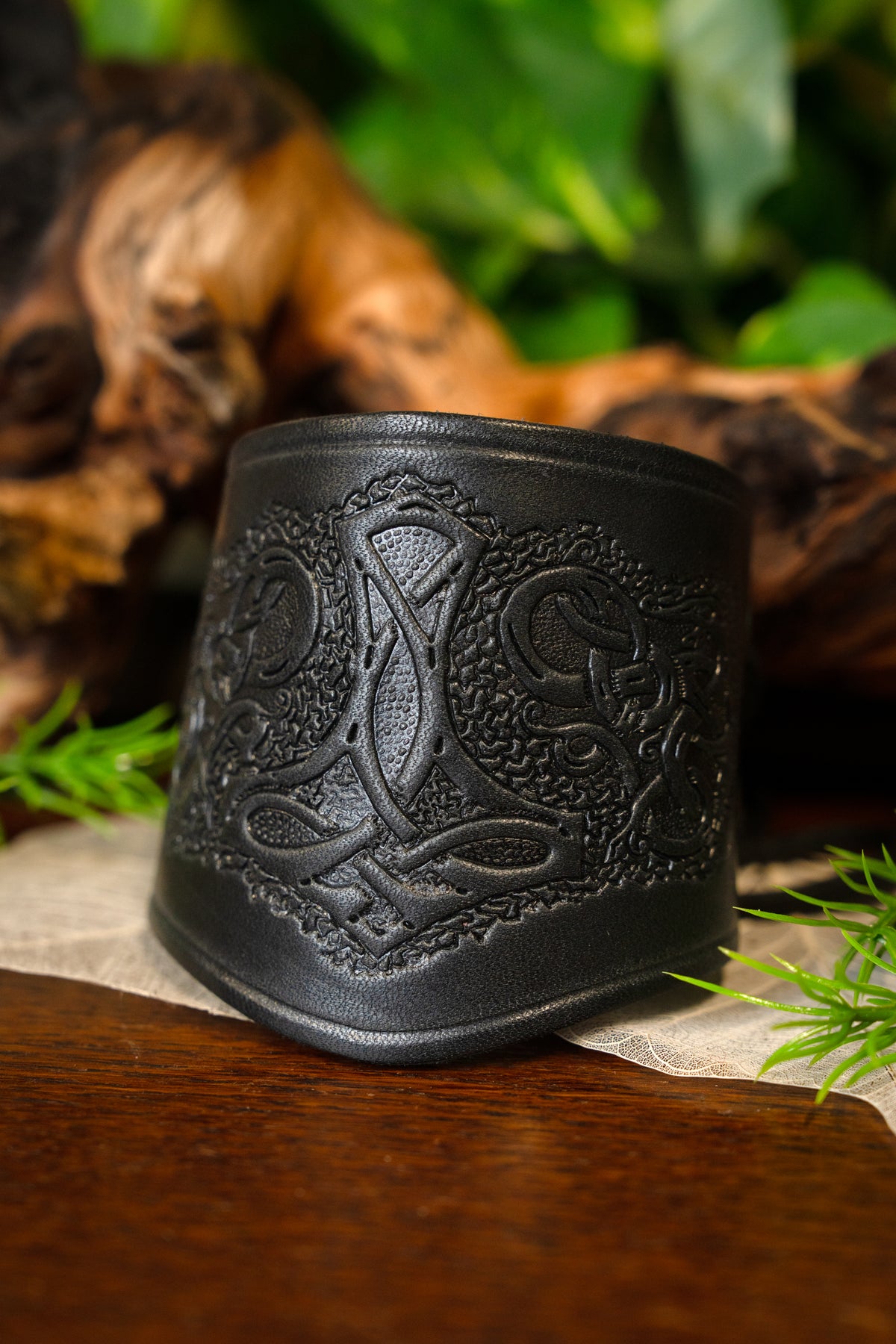 Pair Viking leather bracelets, black