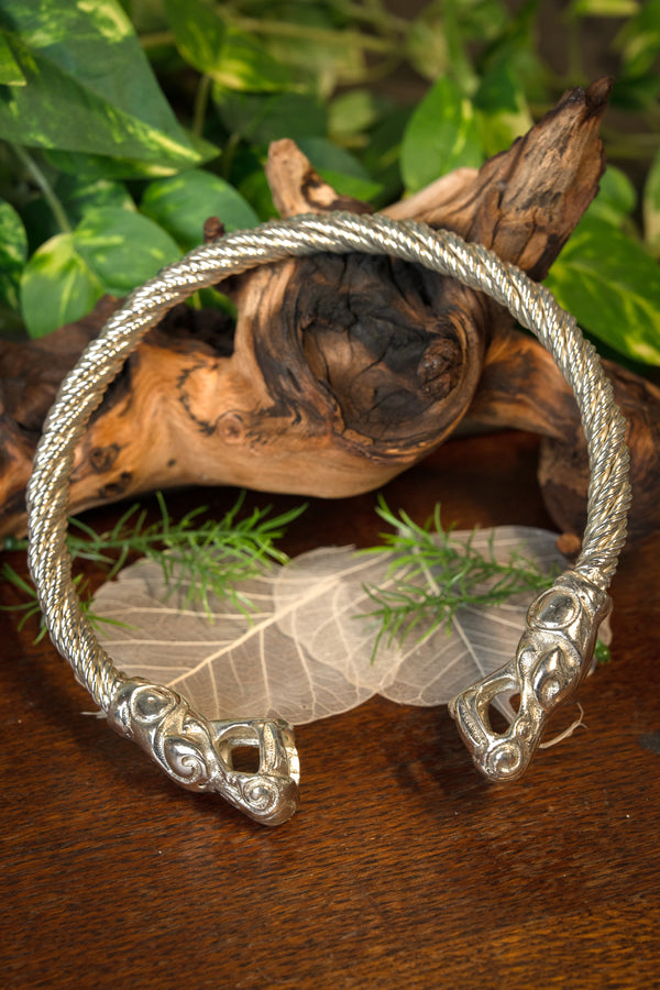 Viking torque with dragons, silvered