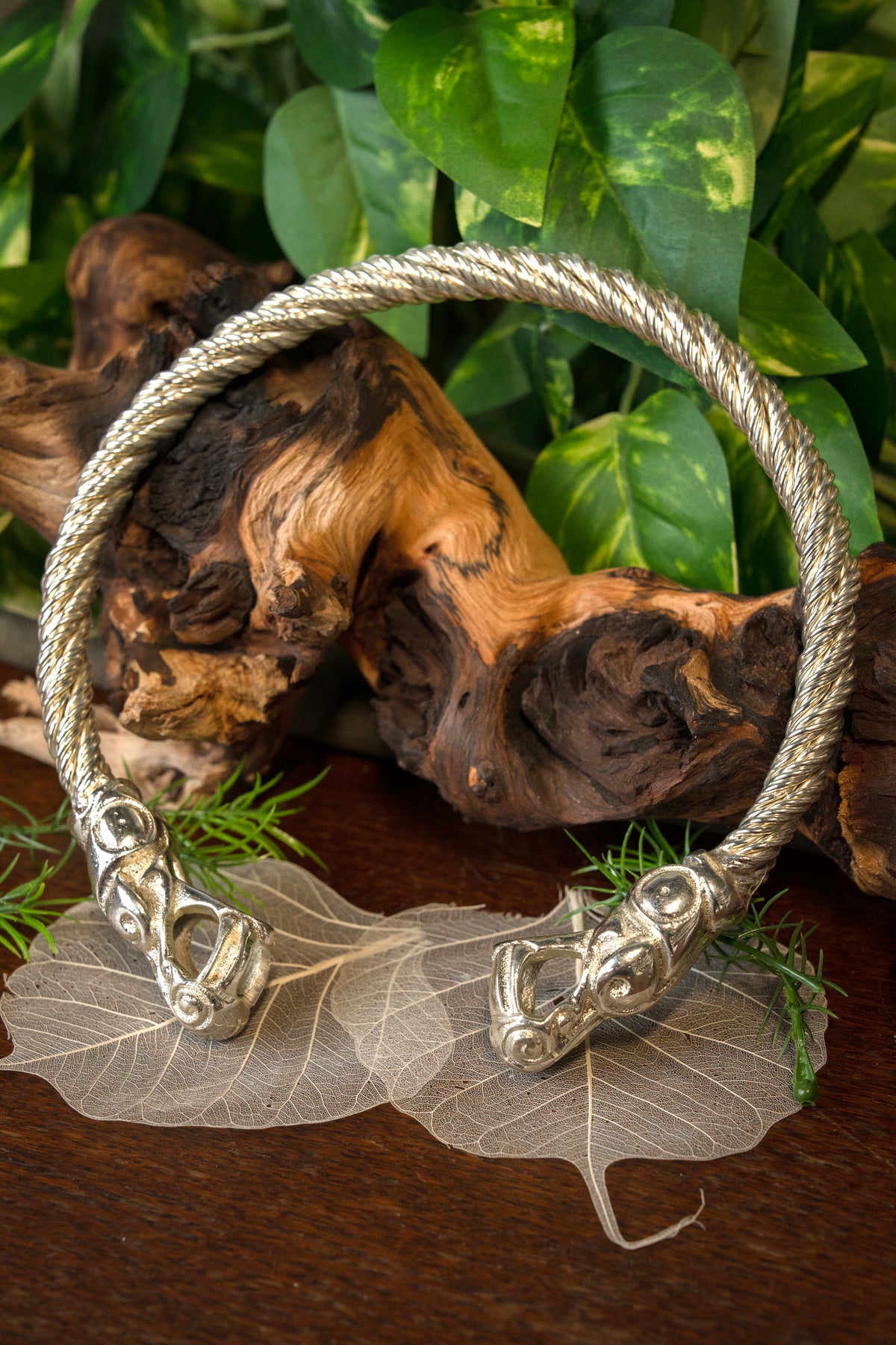 Viking torque with dragons, silvered