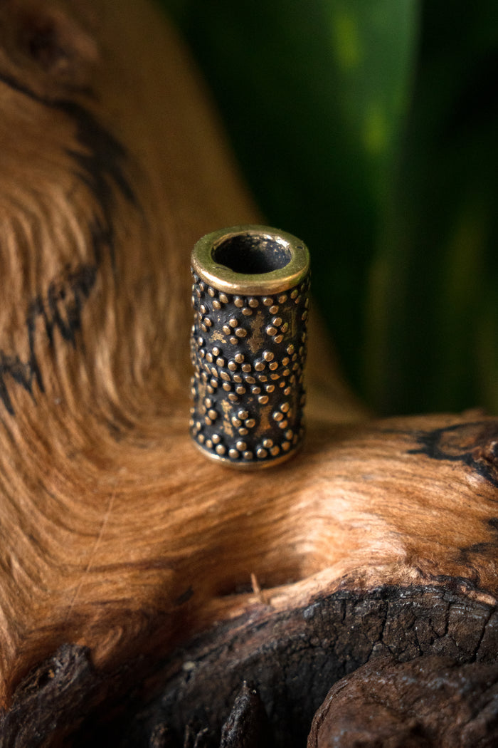 Cylindrical granulated Viking beard bead, bronze