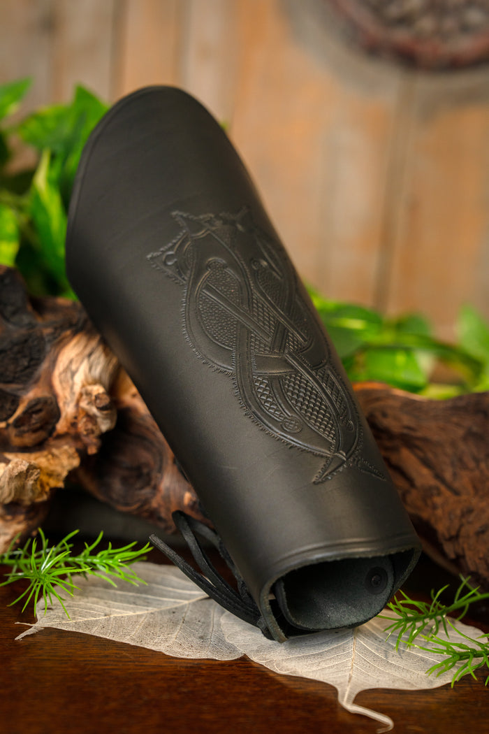 Leather bracer with Viking motif L, underarm guard, black