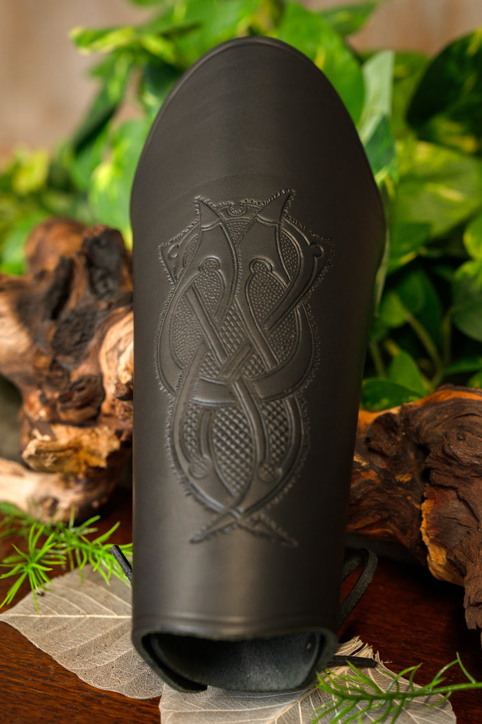 Leather bracer with Viking motif L, underarm guard, black