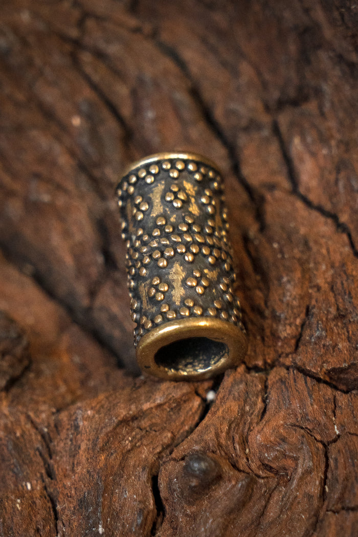 Cylindrical granulated Viking beard bead, bronze