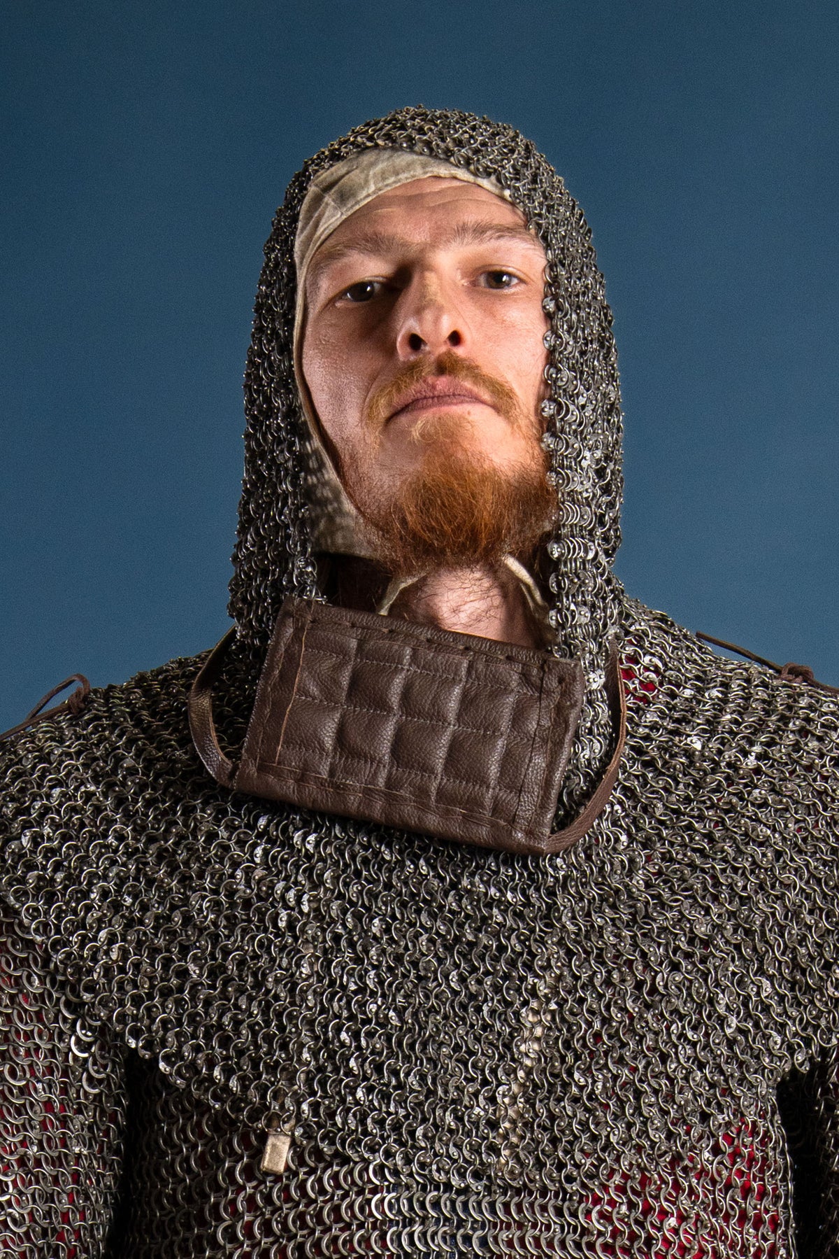 Chainmail coif with square ventail, round rings riveted, 8 mm