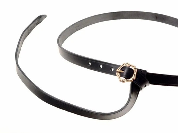 Medieval belt with five-step buckle, bronze, black leather