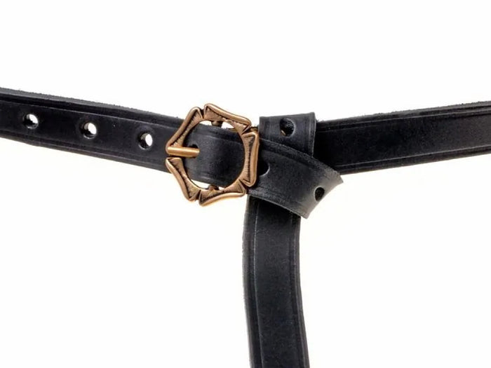 Medieval belt with five-step buckle, bronze, black leather