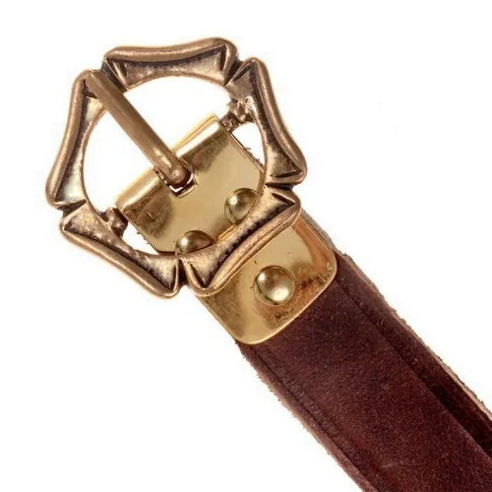 Medieval belt with five-step buckle, bronze, black leather