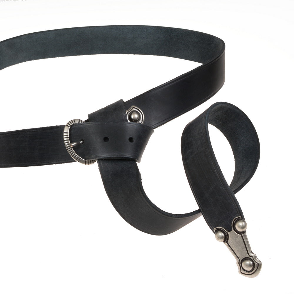 Alemanni belt with belt tongue, 4 cm, black leather, silver plated brass