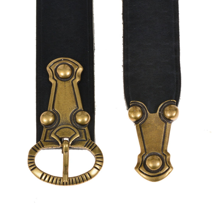 Alemanni belt with belt tongue, 4 cm, black leather, silver plated brass