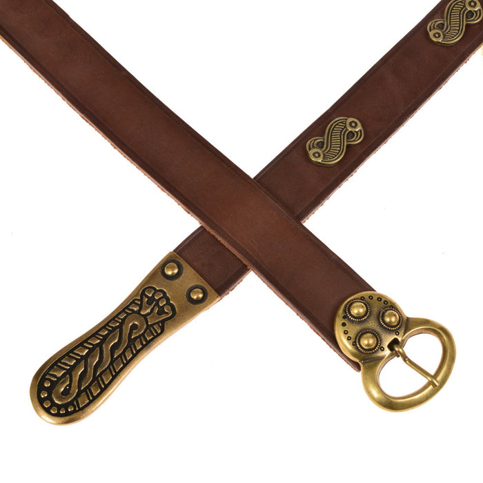 Merovingian belt with strap tongue and fittings, black leather, silver plated brass