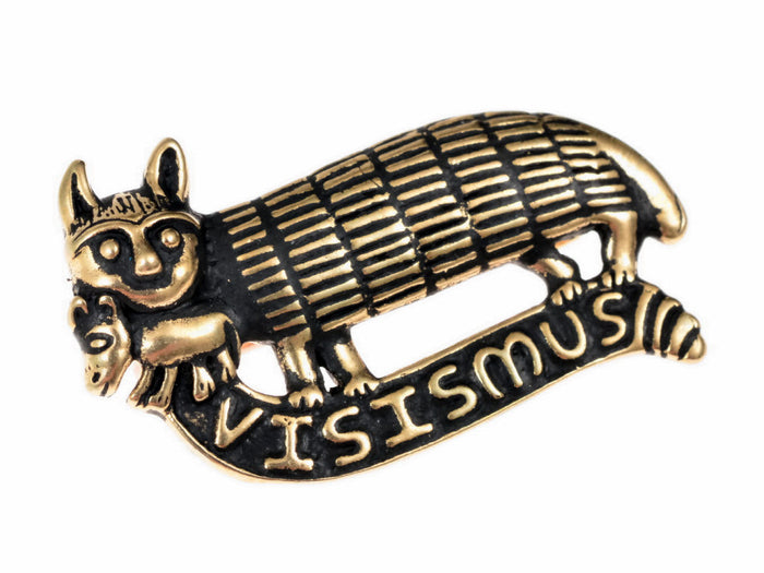 Pilgrim sign cat with mouse, 15th century, silvered bronze