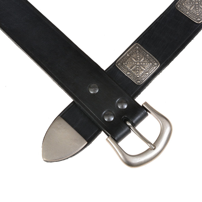 Crusader belt with belt tongue and lily fittings, black leather, silver plated brass