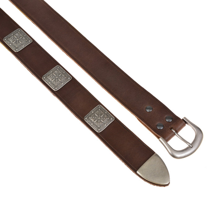 Crusader belt with belt tongue and lily fittings, black leather, brass