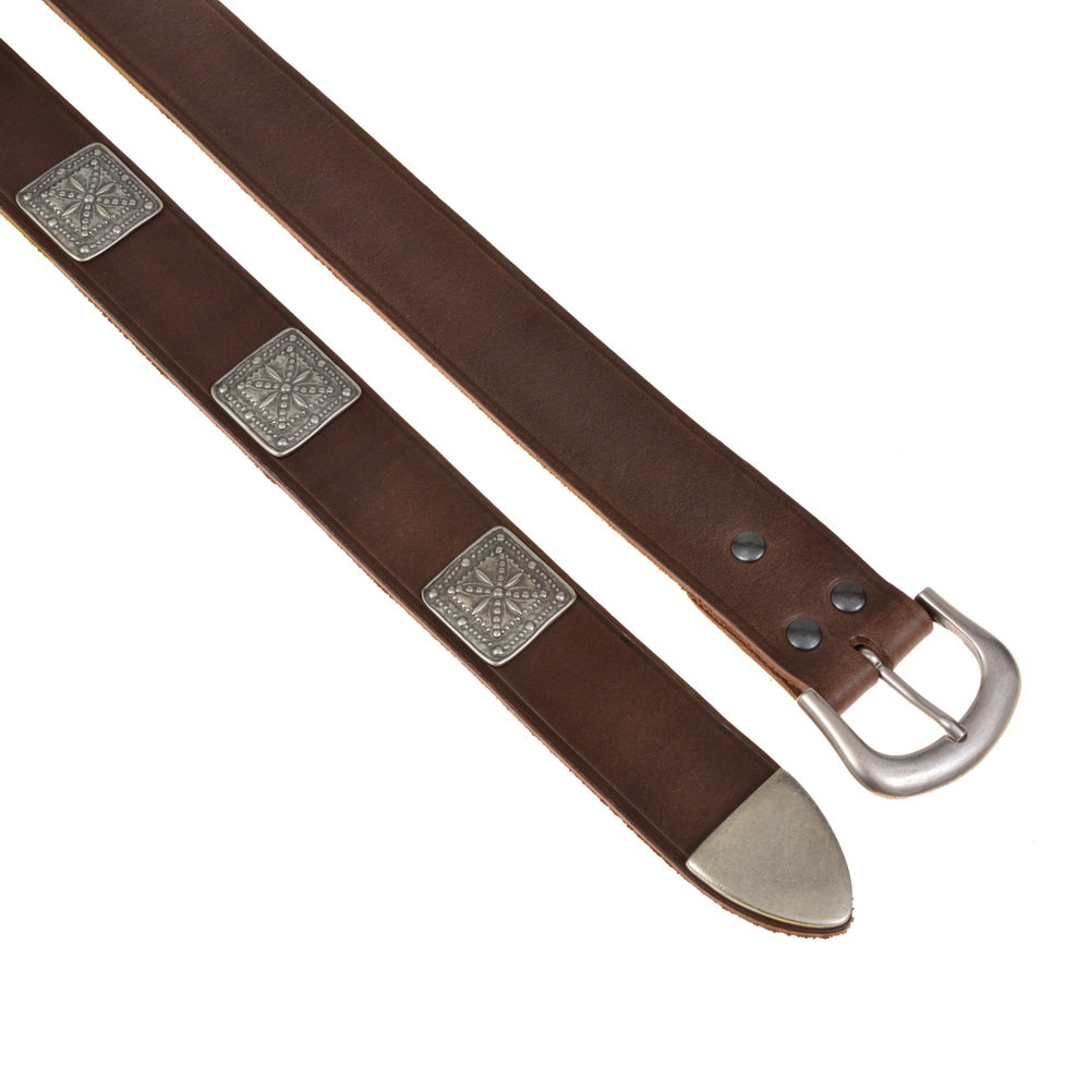 Crusader belt with belt tongue and lily fittings, black leather, silver plated brass