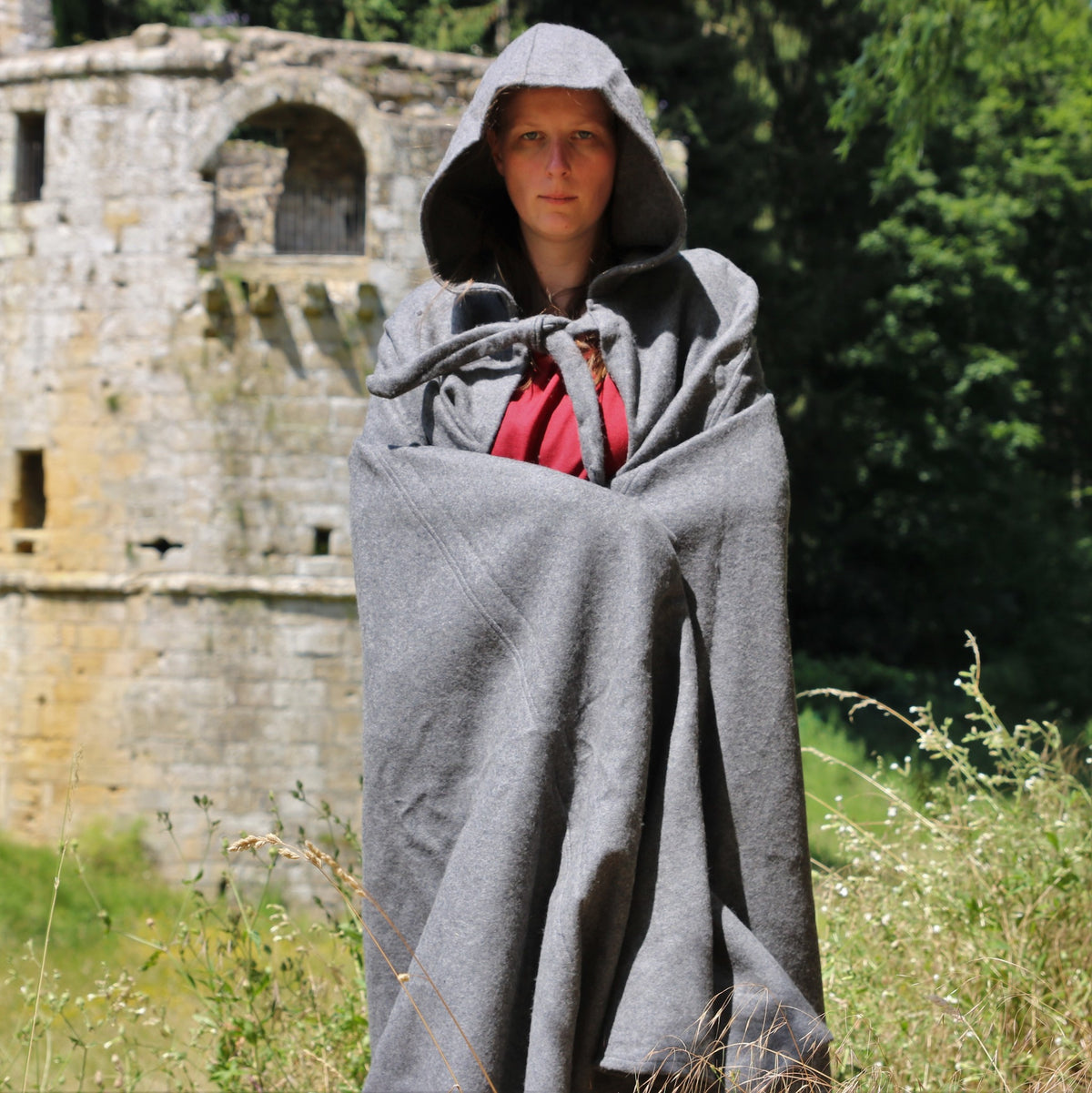 Medieval cloak with hood, grey, wool mix