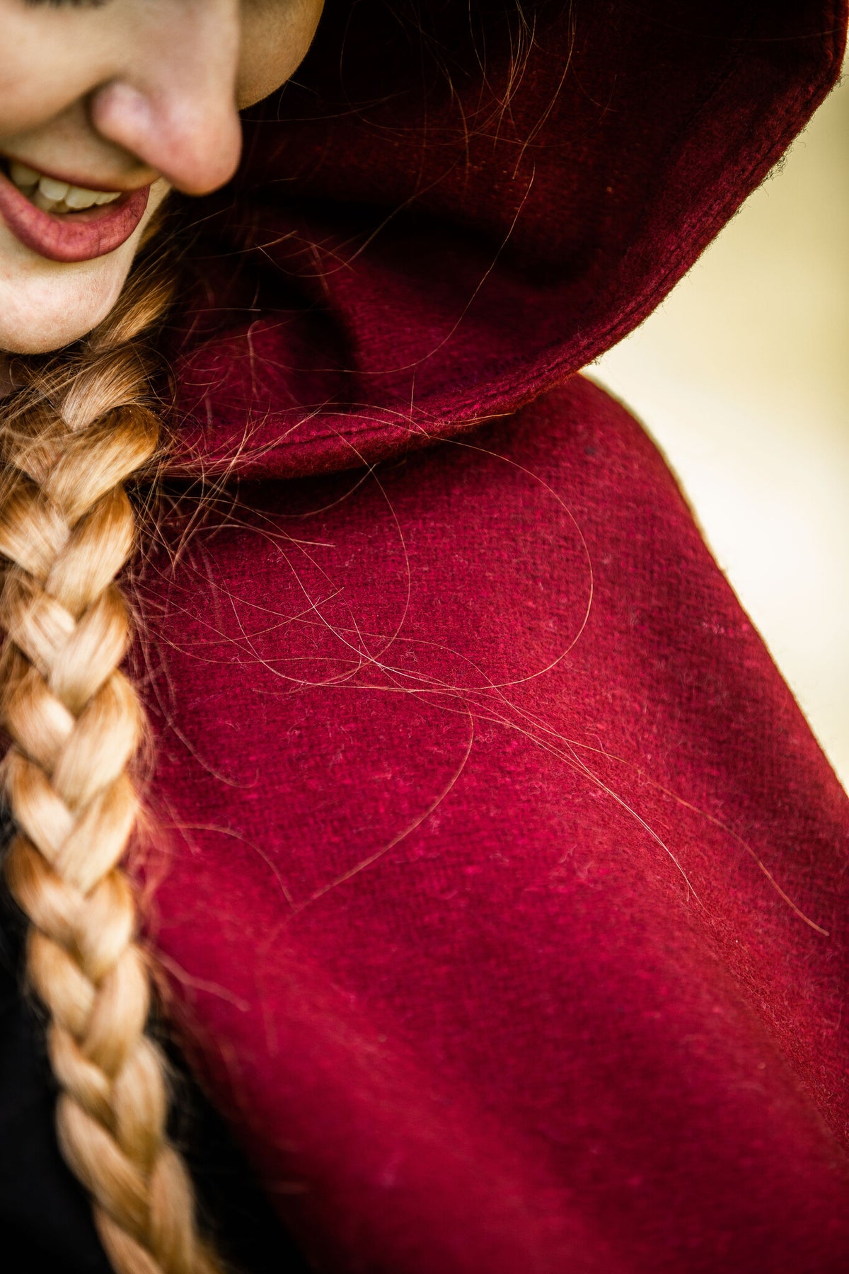 Medieval cloak with hood, red, wool mix