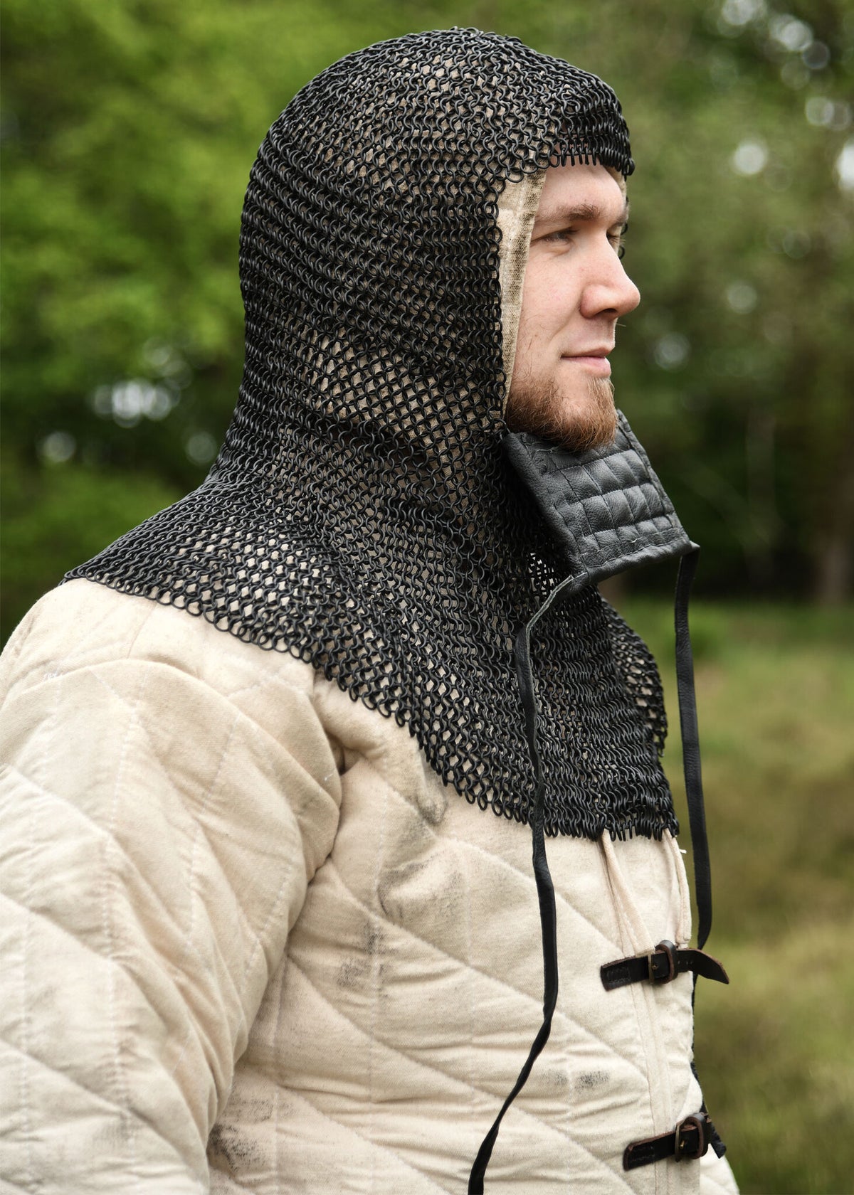 Chainmail coif with square ventail, bronzed, 8 mm