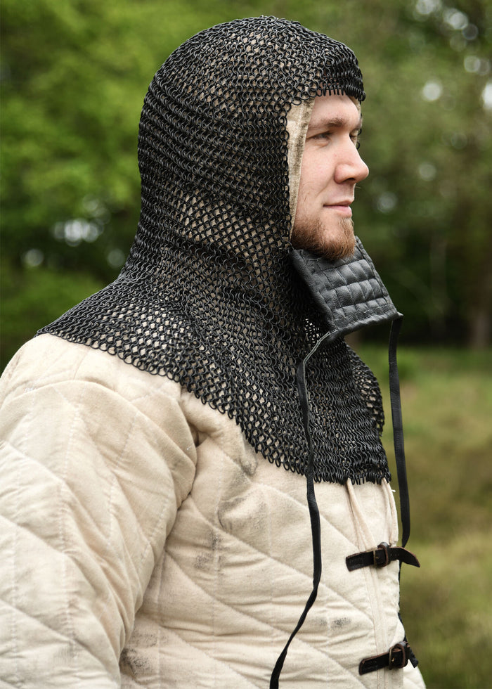 Chainmail coif with square ventail, bronzed, 8 mm
