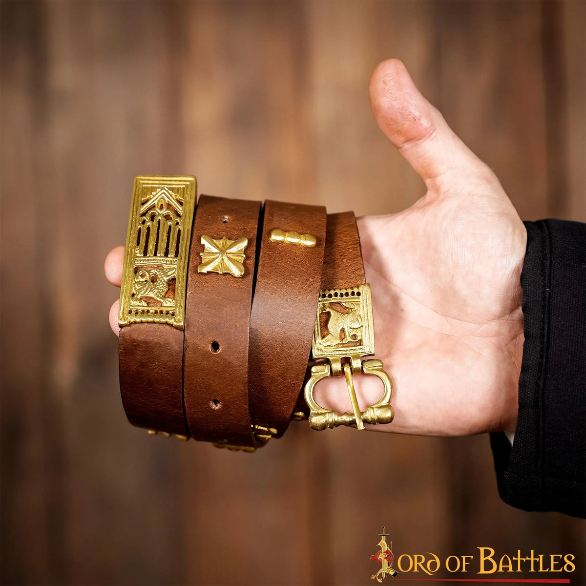 Medieval leather belt with brass fittings, brown