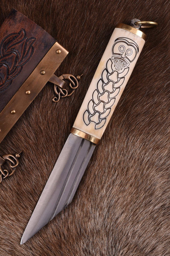 Small Norse viking seax with decorated bone grip, semi-sharp