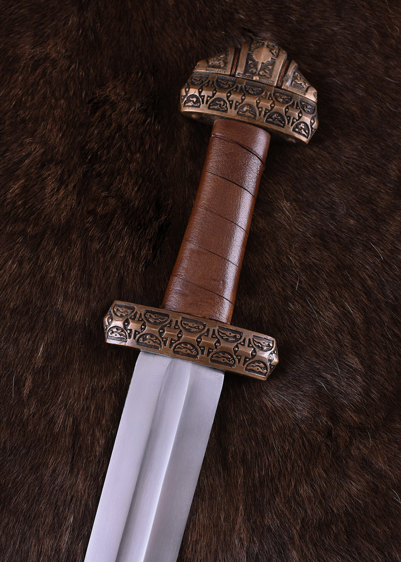 Spada vichinga dell’isola di Eigg, impugnatura in cuoio, temprata, semi-affilata