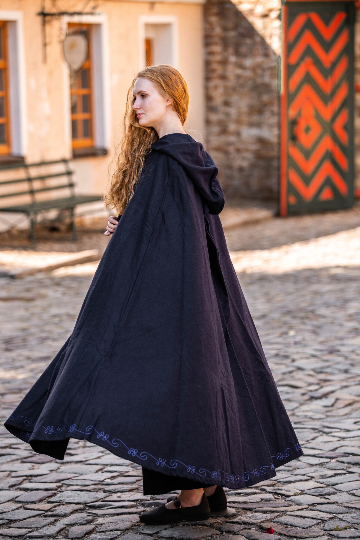 Embroidered cloak Damia, blue, wool mix