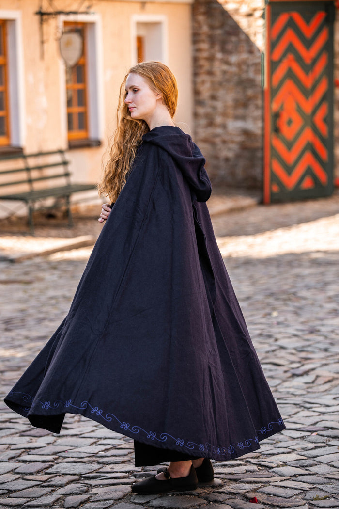 Embroidered cloak Damia, blue, wool mix