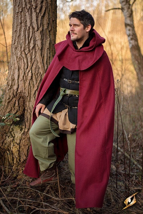 Medieval hooded cloak Thomas, red, wool mix