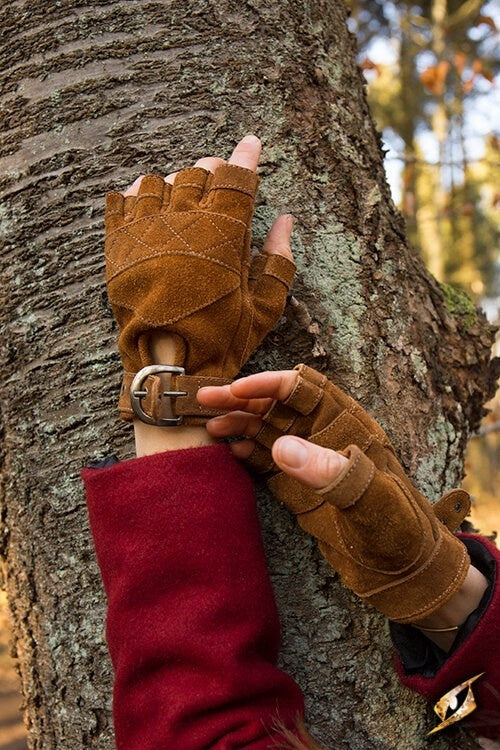 Suede leather fingerless gloves, brown