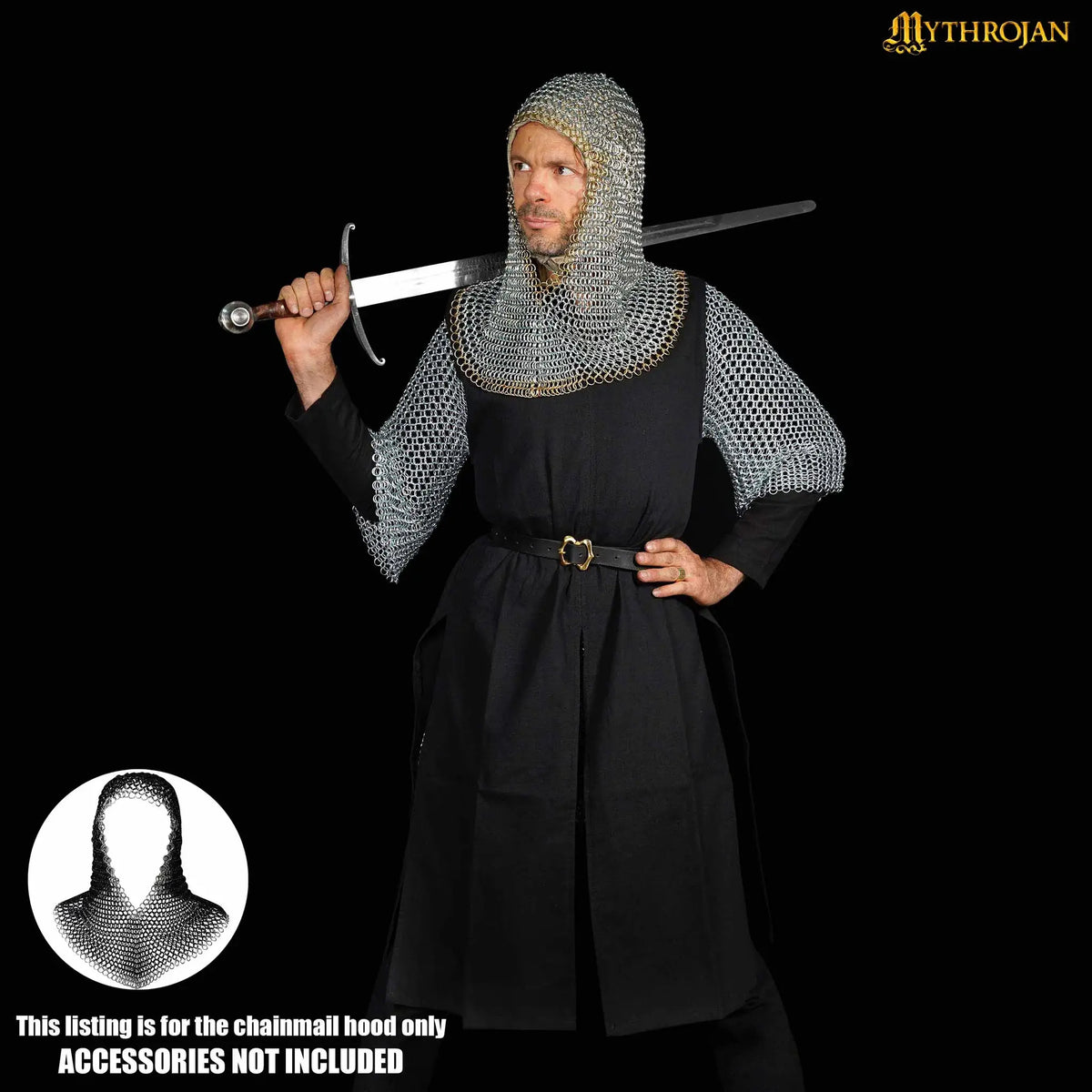 Galvanised chainmail coif, brass edge, butted round rings