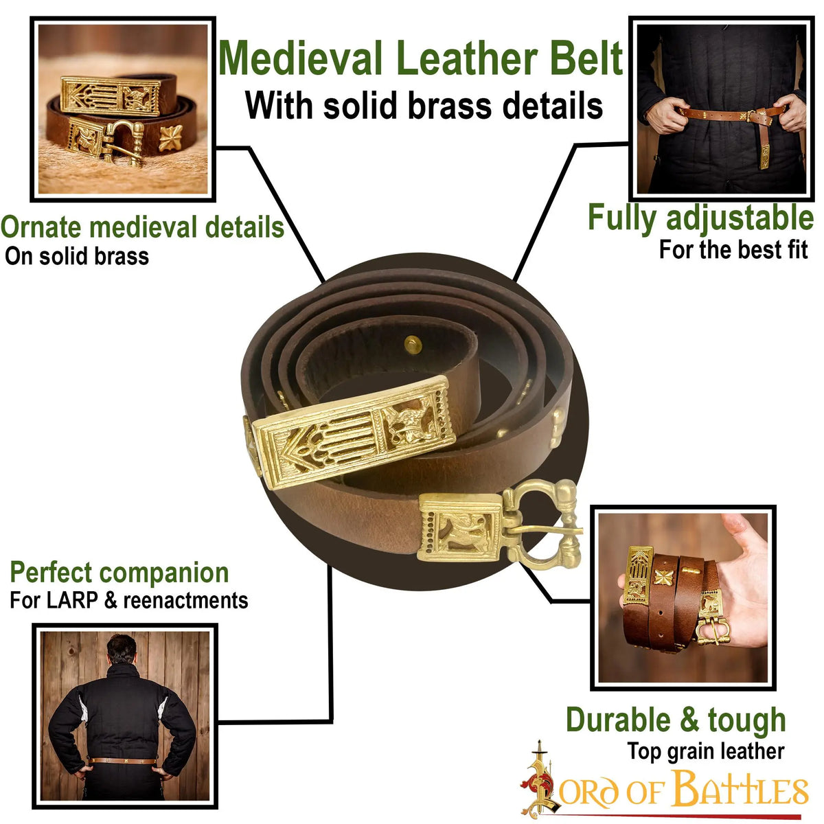 Medieval leather belt with brass fittings, brown