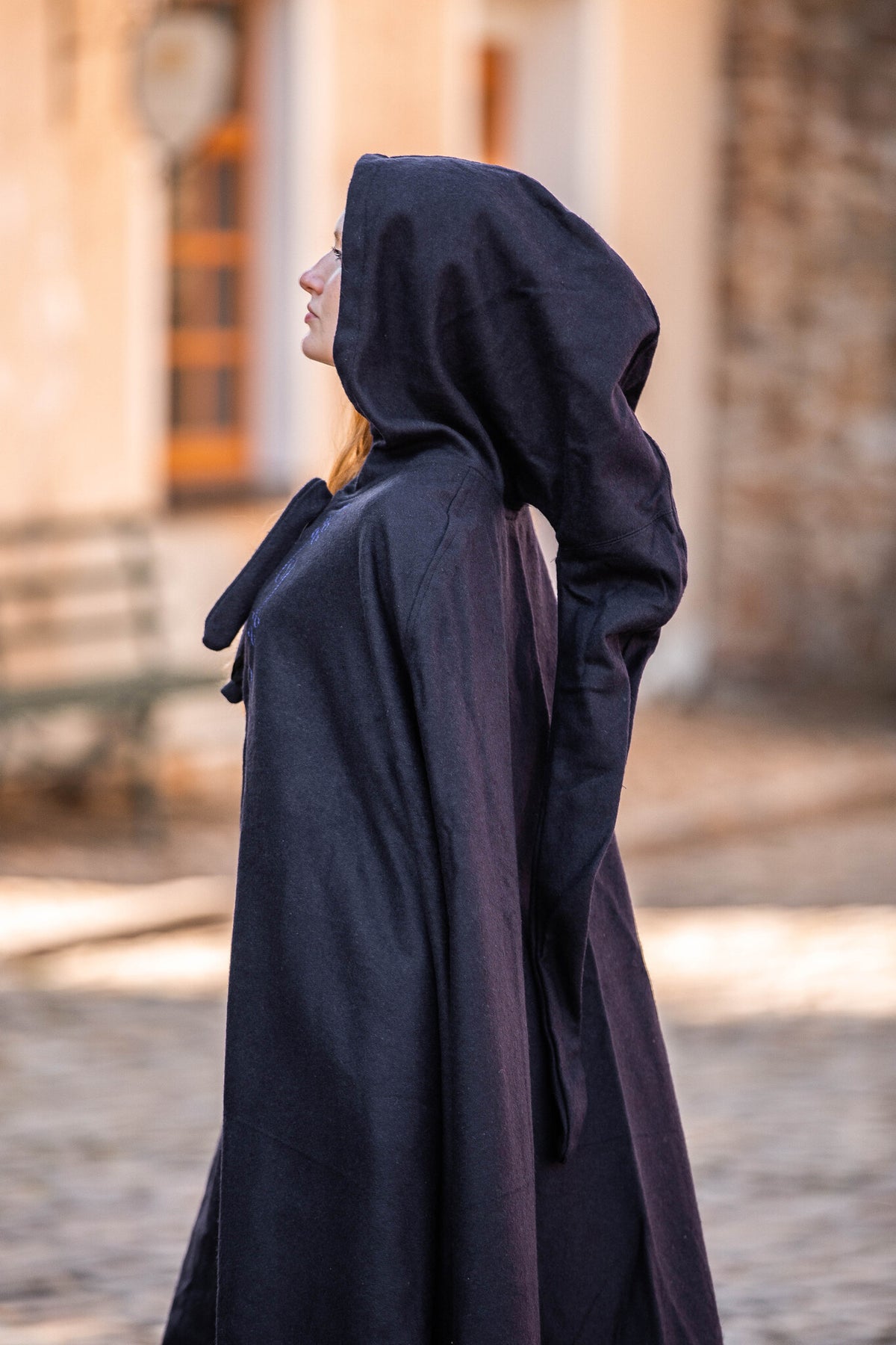 Embroidered cloak Damia, blue, wool mix