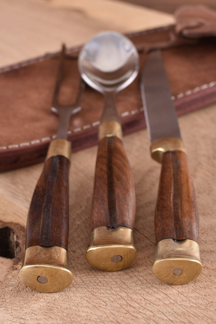 Wooden cutlery set with pouch, stainless steel