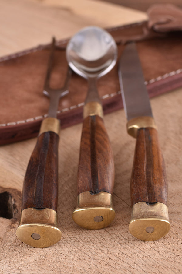 Wooden cutlery set with pouch, stainless steel