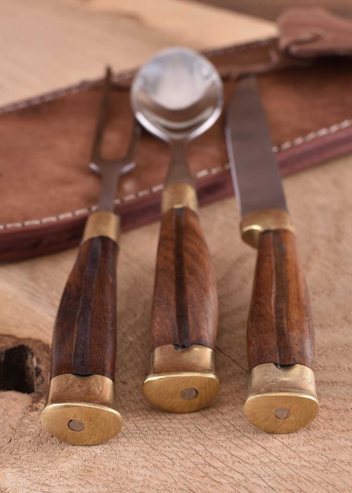 Wooden cutlery set with pouch, stainless steel