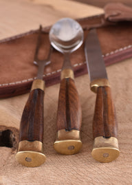 Wooden cutlery set with pouch, stainless steel
