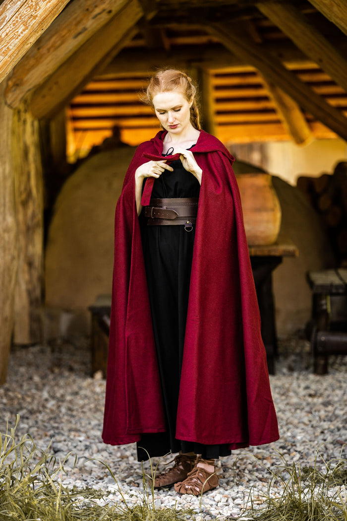 Medieval cloak with hood, red, wool mix