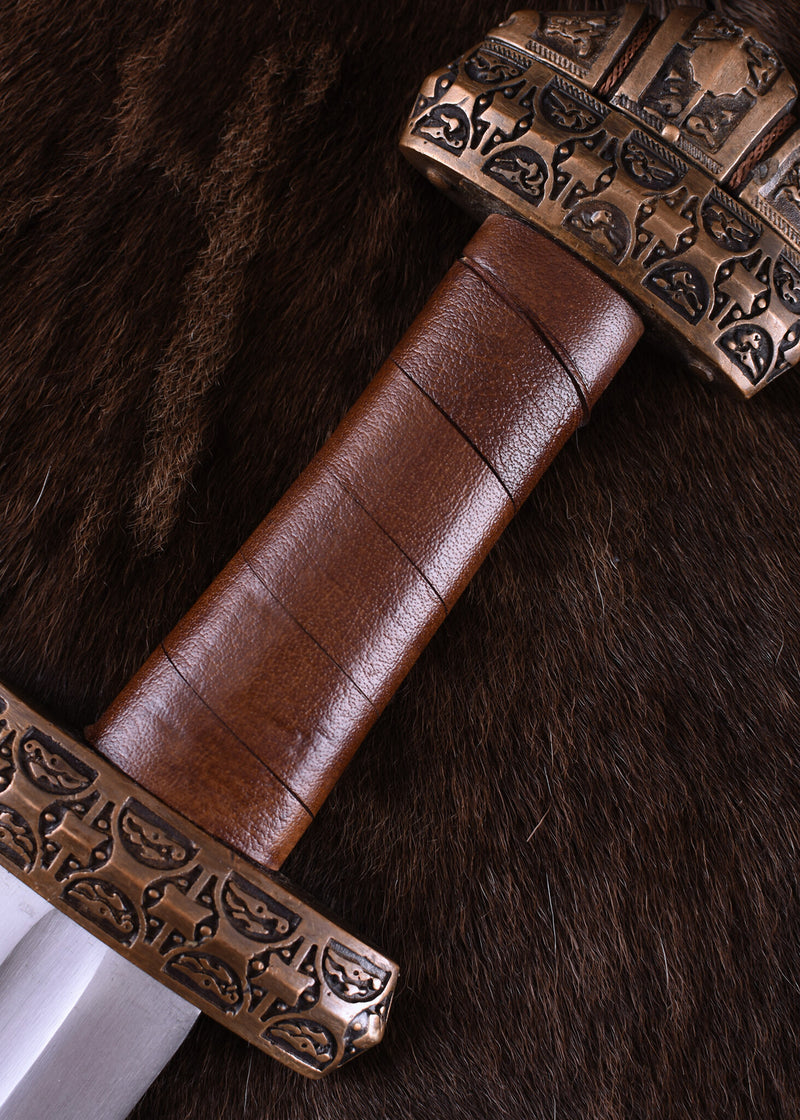 Spada vichinga dell’isola di Eigg, impugnatura in cuoio, temprata, semi-affilata