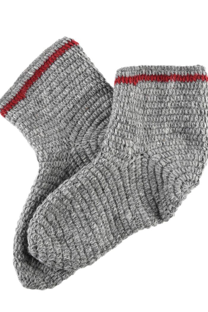 Crocheted socks, 100% wool, grey - wine red