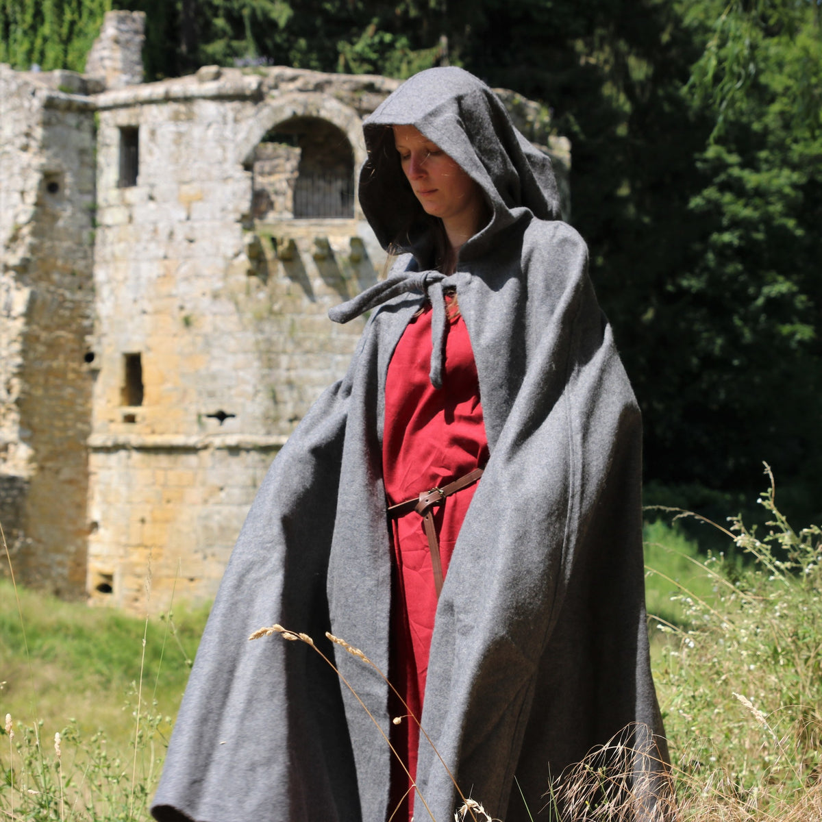 Medieval cloak with hood, grey, wool mix
