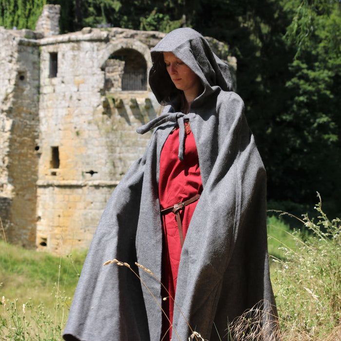 Medieval cloak with hood, grey, wool mix