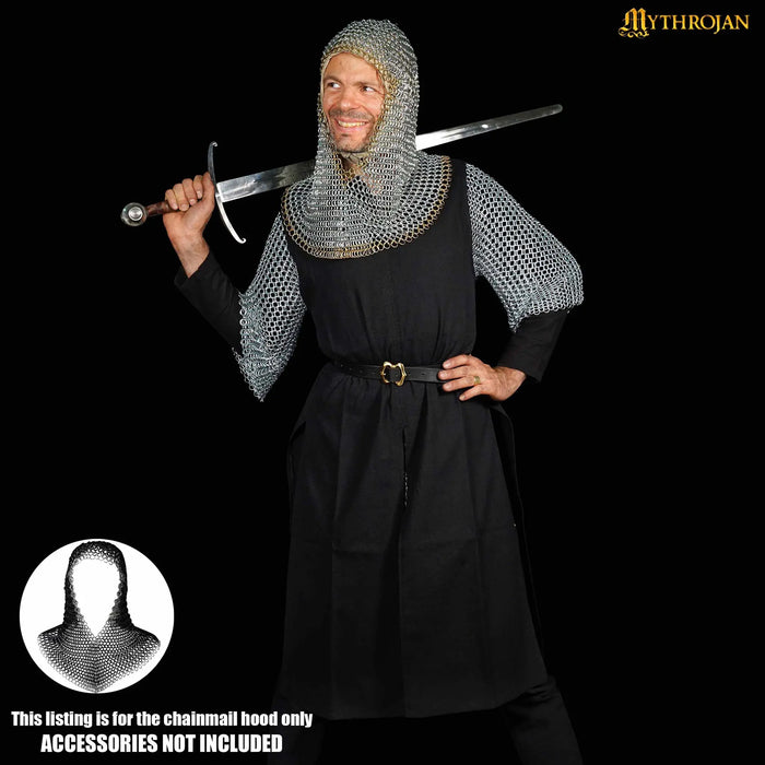 Galvanised chainmail coif, brass edge, butted round rings
