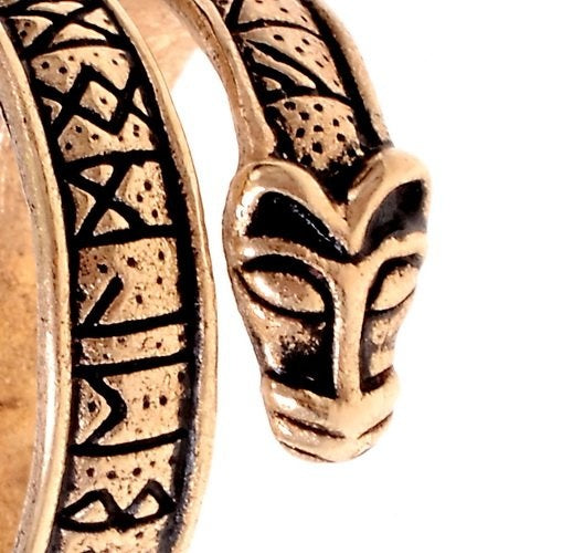 Viking rune ring with wolf heads, bronze