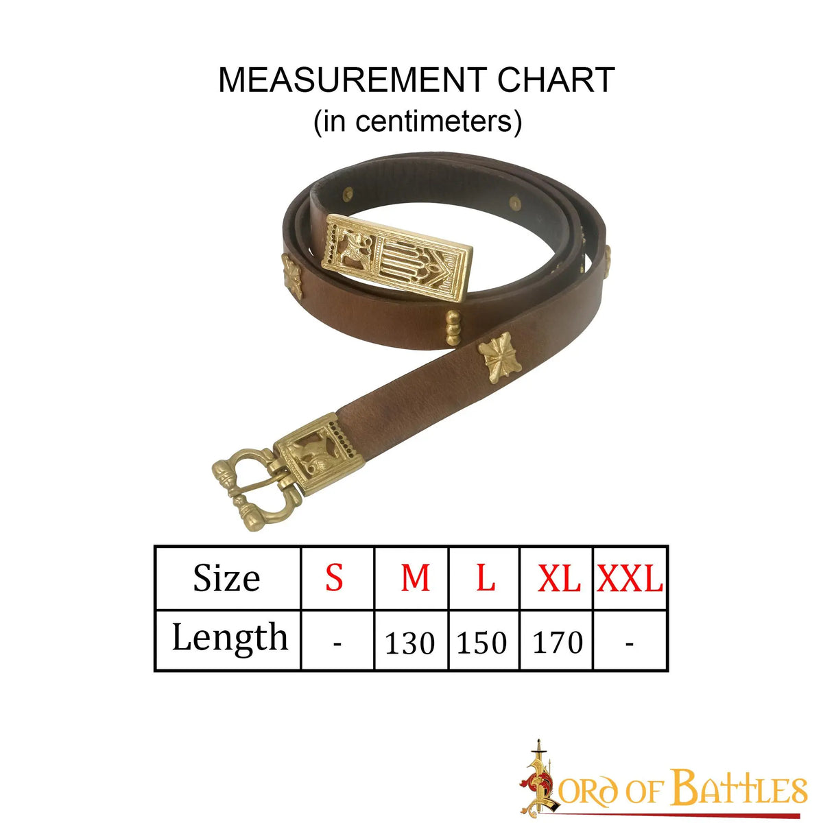 Medieval leather belt with brass fittings, brown