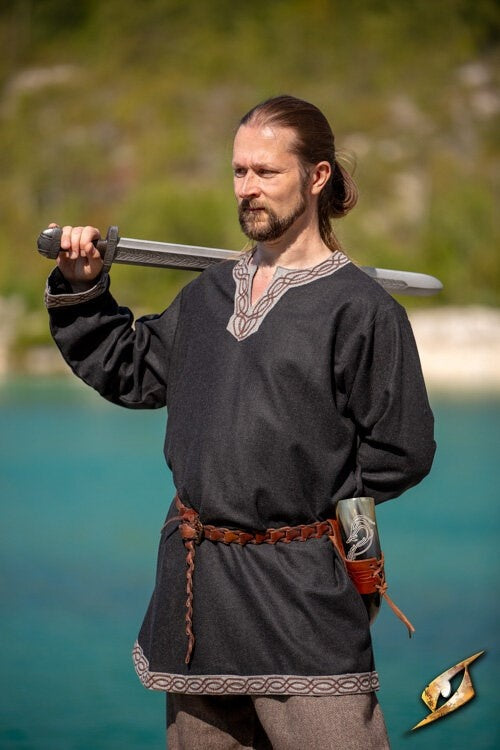 Viking tunic Hilmar, herringbone, black, wool blend