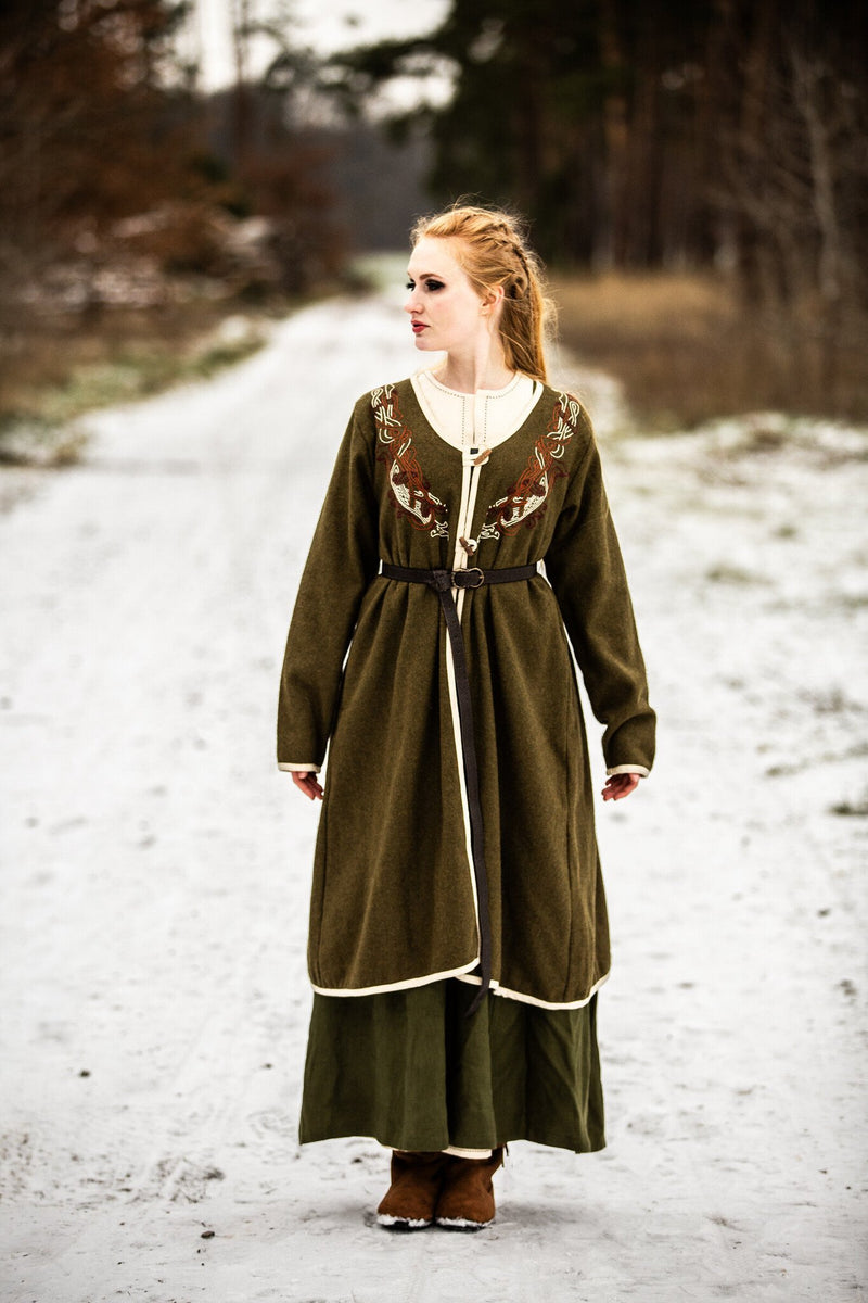 Kaftan viking Skadi, vert olive, mélange de laine