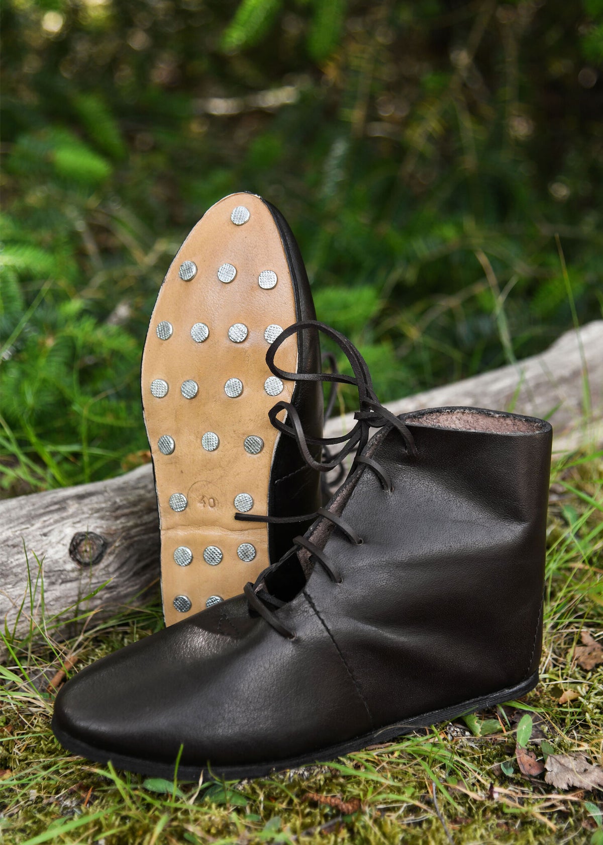 Ankle boots with hobnails, medieval, brown